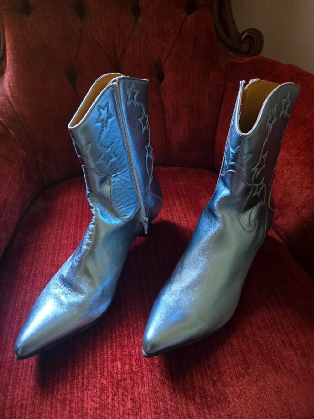Fluevog Notiluca Galaxy Troya Light Blue Metallic Cowboy Inspired Boots